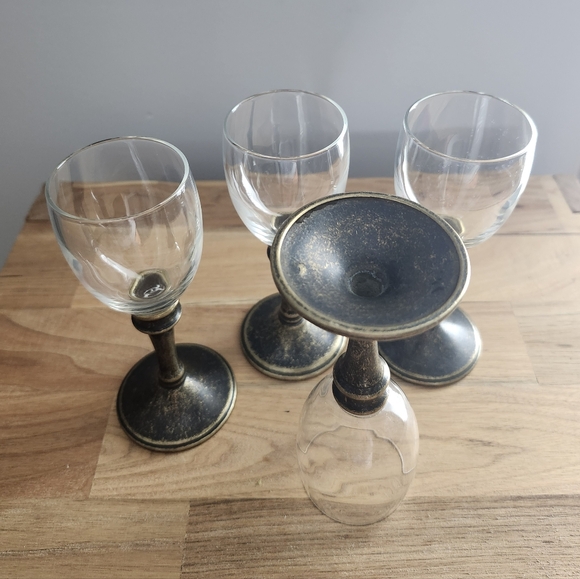 Set of 4 Clear glass solid brass stem wine glasses, Vintage barware - Picture 8 of 8